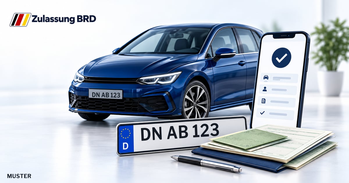 Online Fahrzeugzulassung in Nideggen: Musterkennzeichen DN AB 123, Auto und Fahrzeugpapiere und Smartphone. Illustration mit Logo von Zulassung BRD.